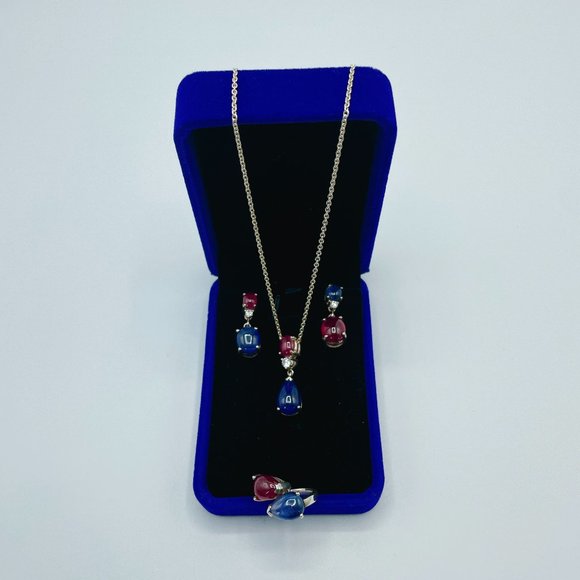 Sapphire and Ruby Sterling Silver Jewelry Set Necklace, Earrings, Ring - Picture 3 of 7